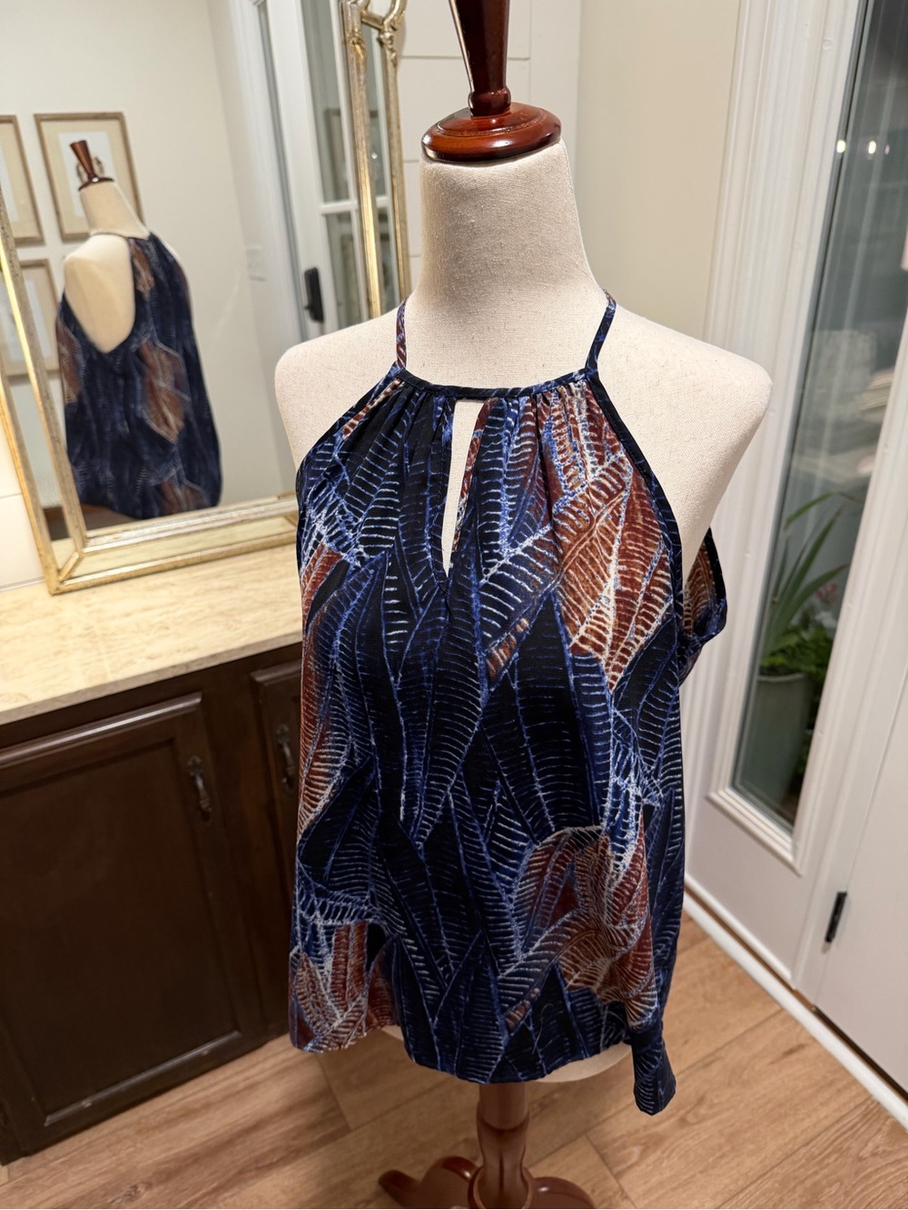 fab'rik Navy Leaf-Print Halter Camisole with Brown Accents